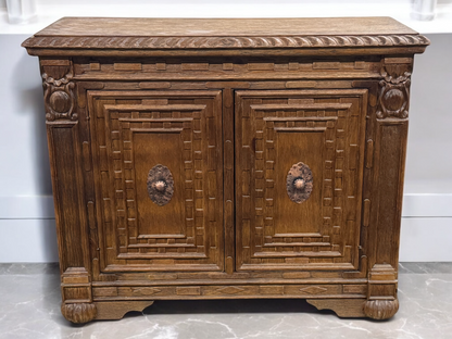 Lectoure Chest, Antique Brown, Hand Crafted Geometric Panel Details With Rosette Hardware
