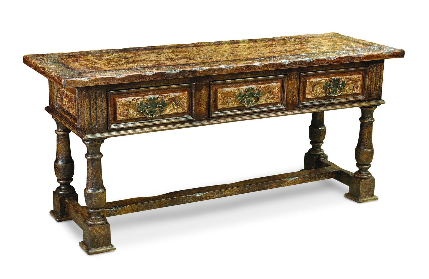 Salers Console Table, Dark Walnut, Three-Drawer Rustic with Antique Pulls