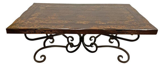 Nérac Coffee table - Rectangle, Dark Walnut Finish, Distressed Wood, Hand Forged Iron Scroll Base