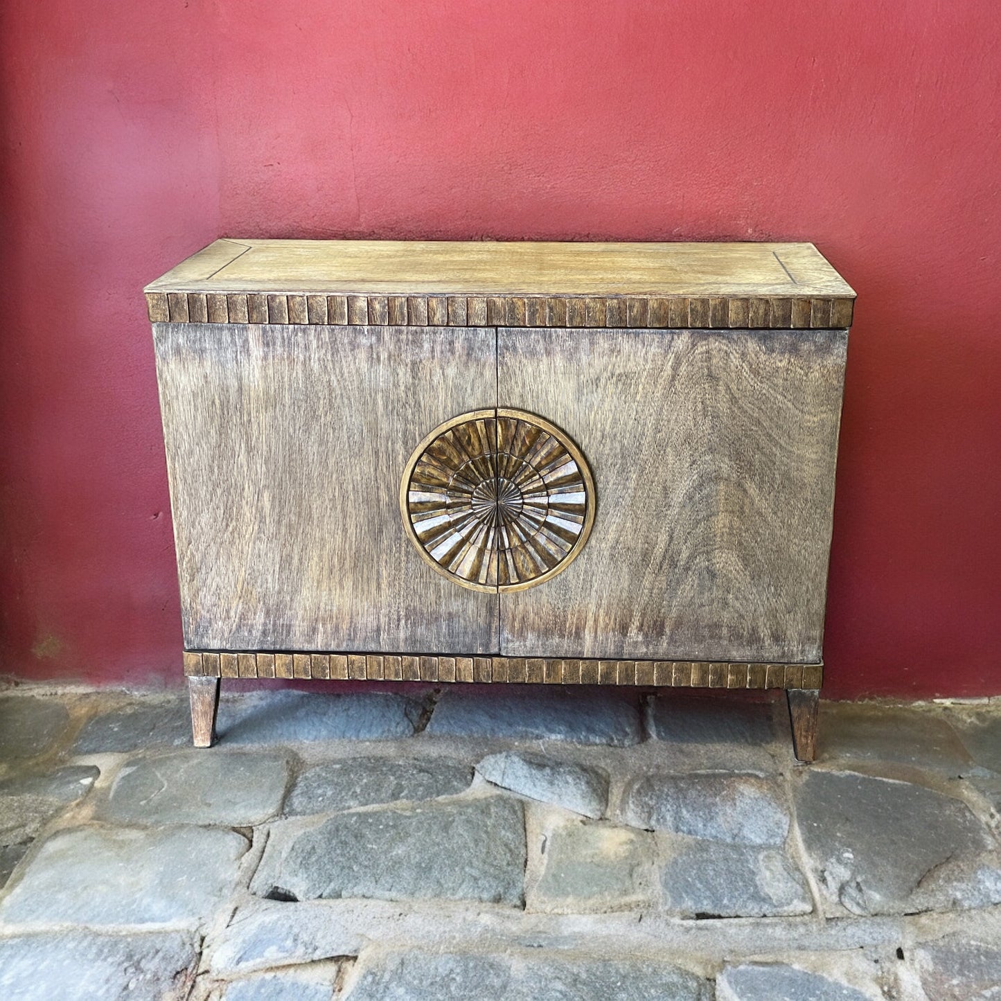 Gordes Chest, Brown Distressed Walnut, Circular Brass Sunburst Medallion Hardware With Aged Finish