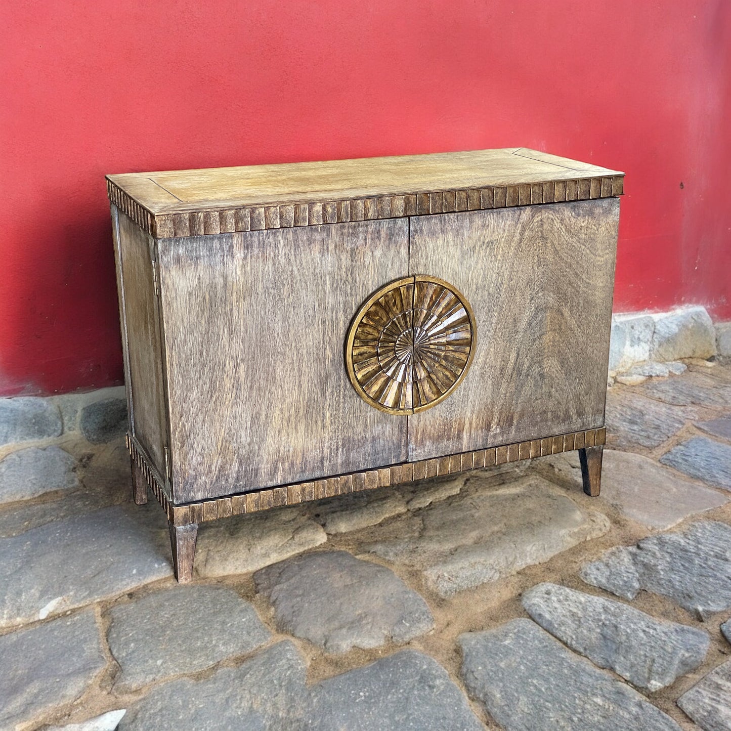 Gordes Chest, Brown Distressed Walnut, Circular Brass Sunburst Medallion Hardware With Aged Finish
