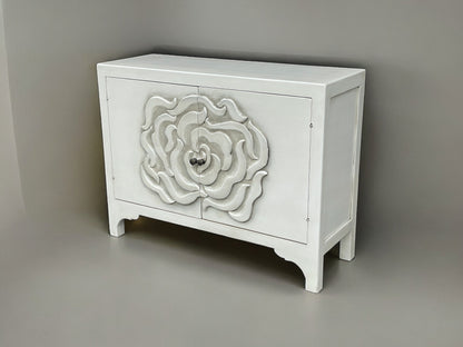 Laguiole Chest White, Hand Carved Floral Rose Motif On Doors, Matte Finish, Premium Hardware