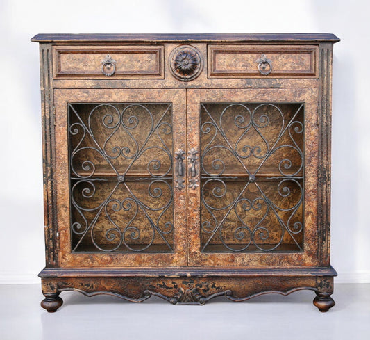 Étretat Chest, Antique Copper, Wrought Iron Scrollwork Cabinet Doors With Glass Panels