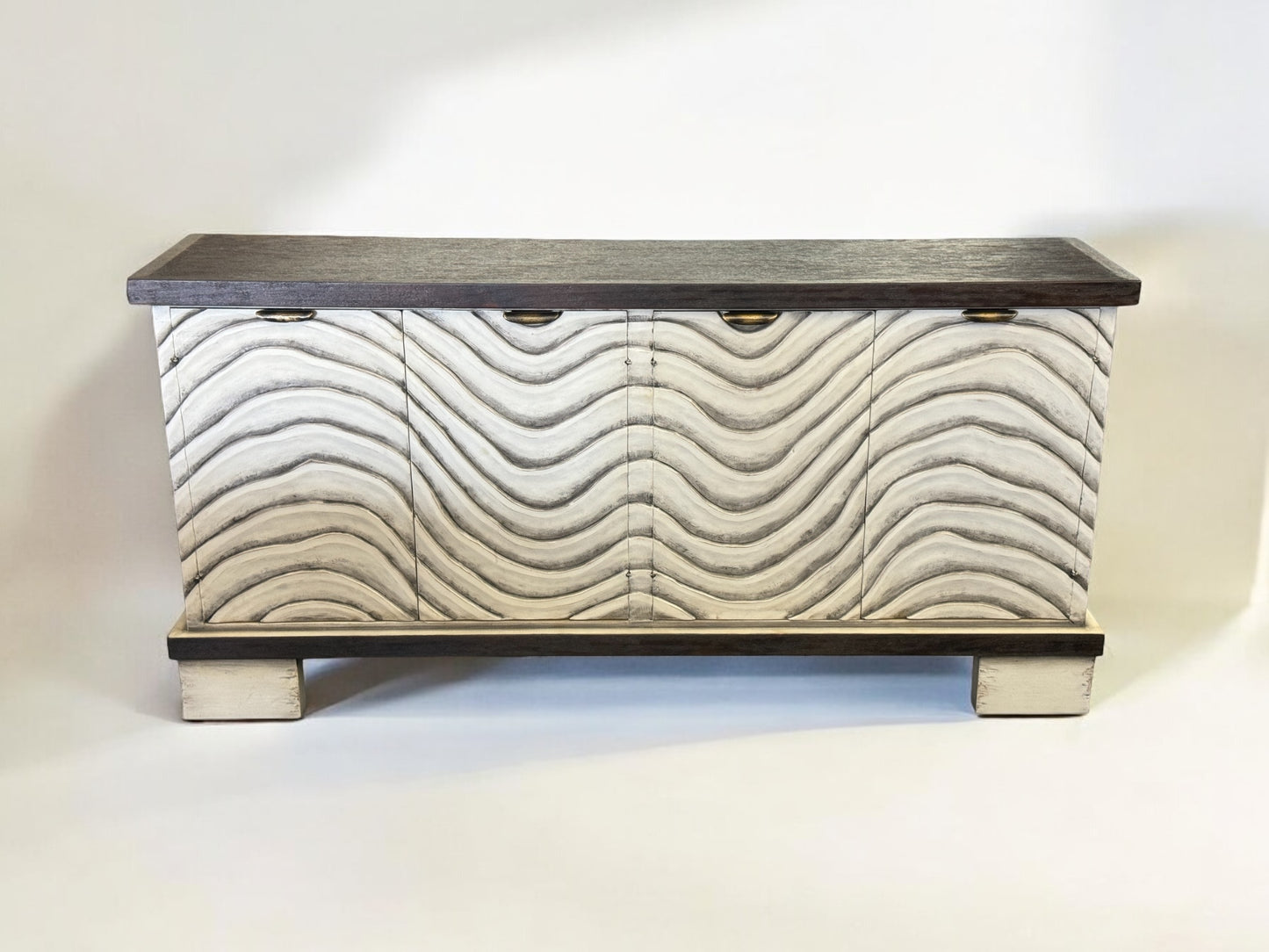 Gien White Wave-Pattern Dining Room Buffet Table With Dark Walnut Top Handmade 17.5 x 75.5 x 36