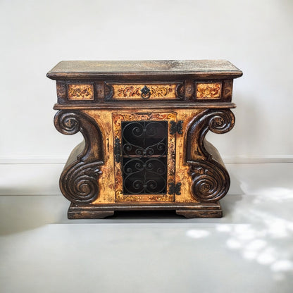 Grignan Chest, Antique Brown With Gold Accents, Wrought-Iron Grille Door