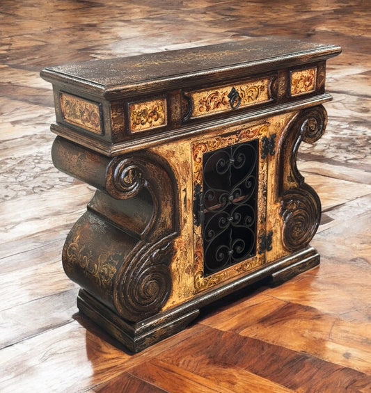 Grignan Chest, Antique Brown With Gold Accents, Wrought-Iron Grille Door