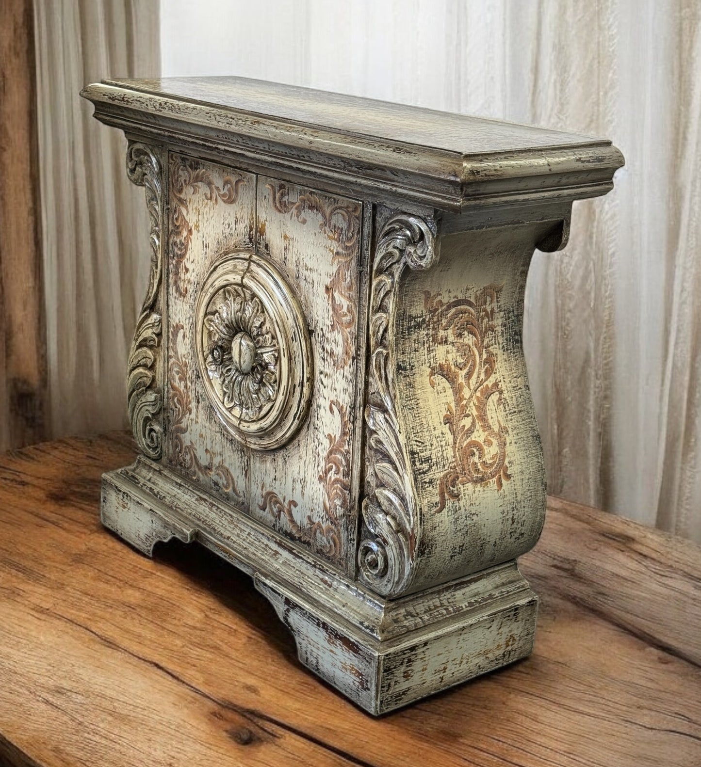 Bréhat Chest, Distressed White Finish, Carved Rosette Center With Ornate Scrolls And Weathered Patina