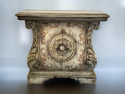 Bréhat Chest, Distressed White Finish, Carved Rosette Center With Ornate Scrolls And Weathered Patina