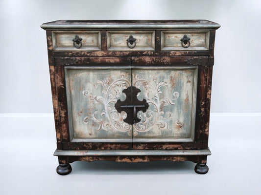 Sorgue Chest, Antique Teal, Ornate Carved Floral Front Panels With Distressed Finish