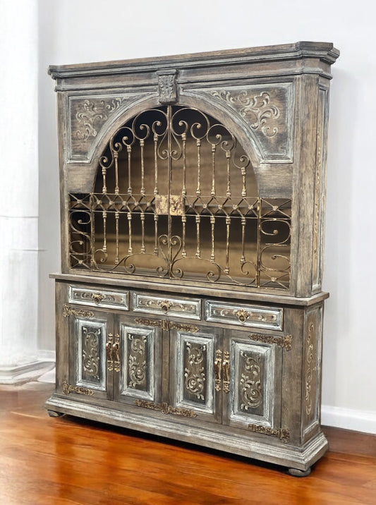 Chenonceau Dining Room Buffet Table & Hutch With Ornate Ironwork Doors - 15 x 78 x 92
