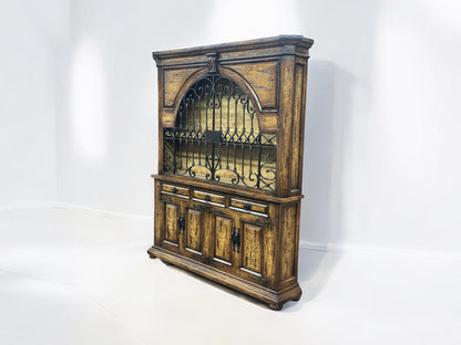 Rivau Heritage Dining Room Buffet Table & Hutch in Rustic Walnut With Wrought Iron Grille - 15 x 78 x 92