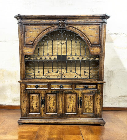 Rivau Heritage Dining Room Buffet Table & Hutch in Rustic Walnut With Wrought Iron Grille - 15 x 78 x 92