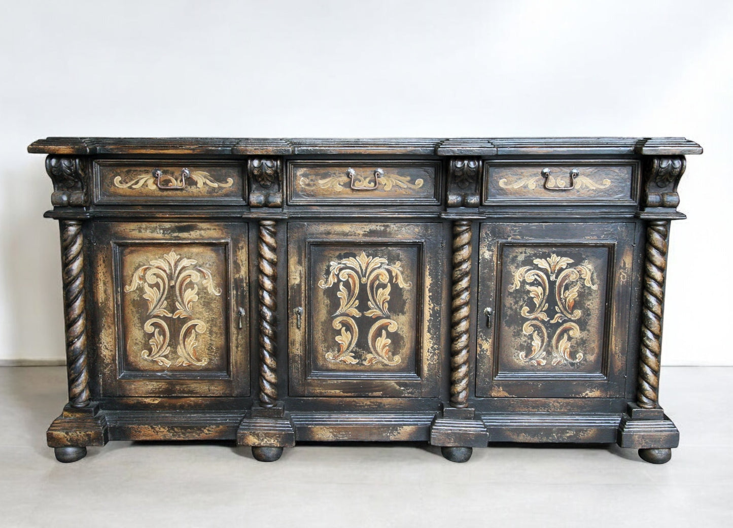 Chambord-Inspired Noir Antique Black Dining Sideboard Buffet Table with Gold Trim