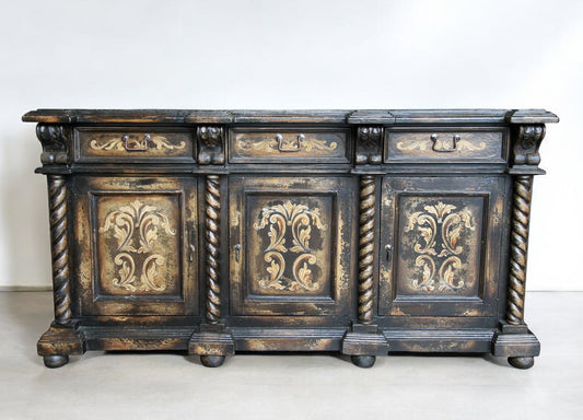 Chambord-Inspired Noir Antique Black Dining Sideboard Buffet Table with Gold Trim