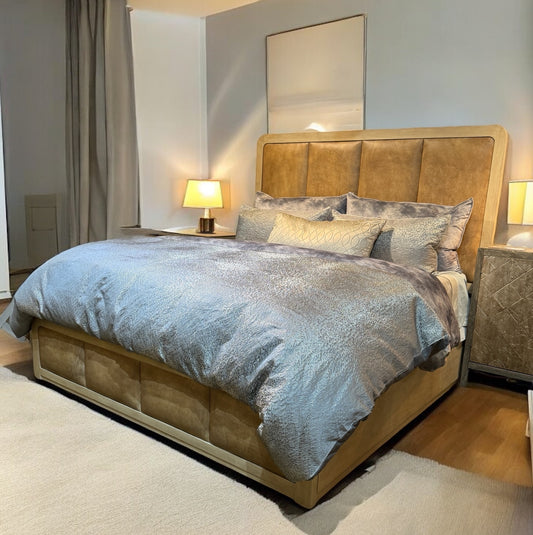 TAYLOR MODERN COASTAL PLATFORM KING BED 66" Tall | Headboard & Footboard Feature Tan Leather Upholstered Panels | Natural Wood Frame | Bed Only | Includes Delivery and Assembly