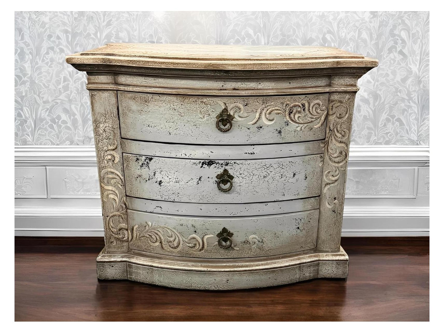 Meursault Nightstand, Distressed Silver Finish, Ornate Scrollwork and Curved Front Design
