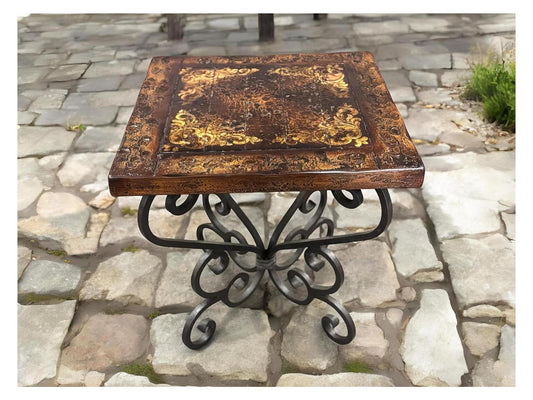 Noirmoutier-en-l’Île End Tables (2-Pack), Dark Brown, Ornate Gold-Embossed Top, Wrought Iron Scroll Base