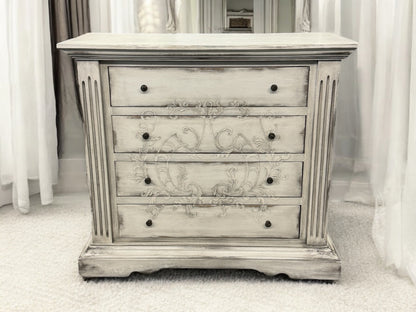 Couches Dresser, Distressed Whitewashed Gray, Hand-Carved Floral Scrollwork On Front Drawers