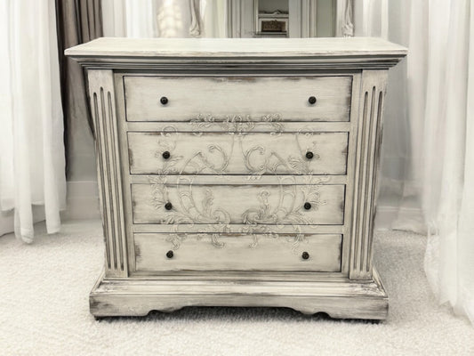 Couches Dresser, Distressed Whitewashed Gray, Hand-Carved Floral Scrollwork On Front Drawers