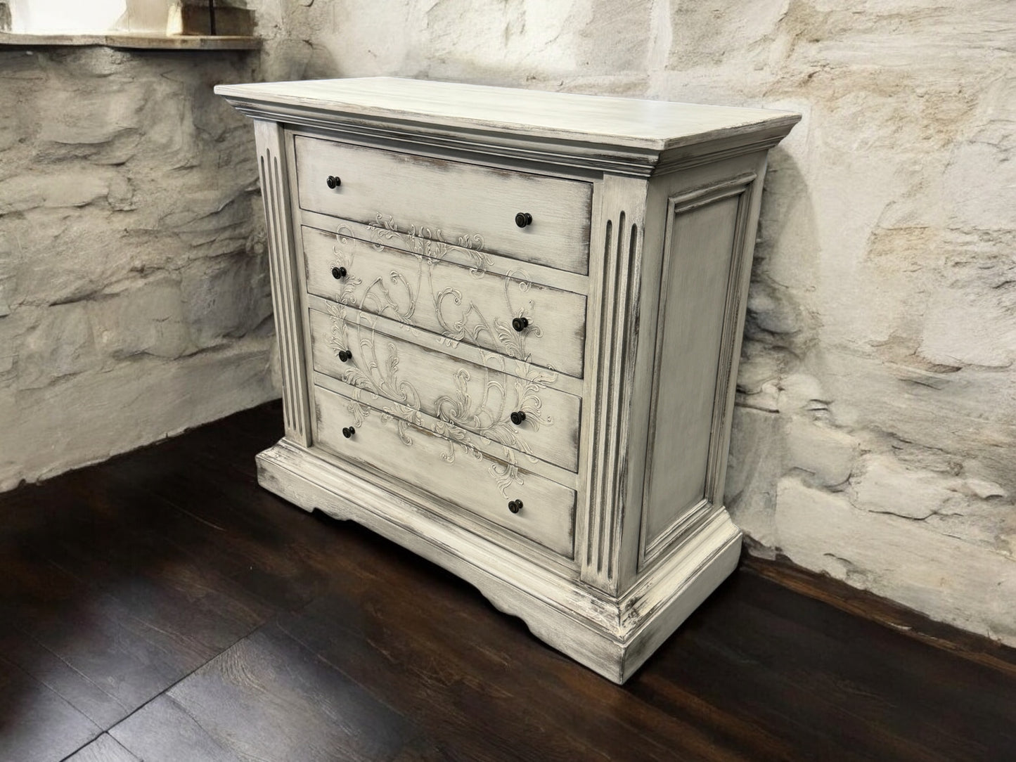 Couches Dresser, Distressed Whitewashed Gray, Hand-Carved Floral Scrollwork On Front Drawers