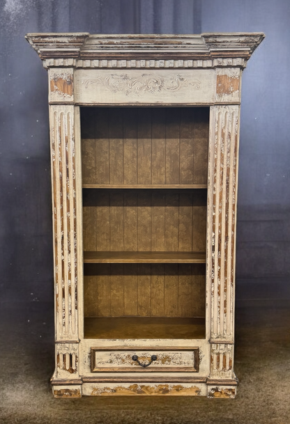 Chinon Bookcase, Distressed White, Mantel Style With Carved Details And Fluted Pillars