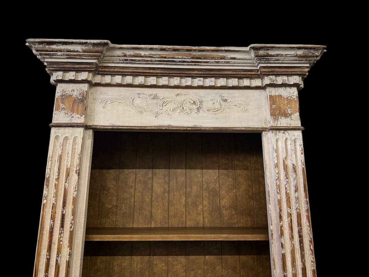 Chinon Bookcase, Distressed White, Mantel Style With Carved Details And Fluted Pillars