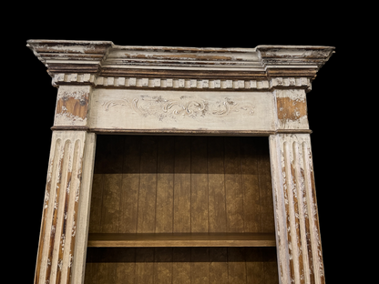 Chinon Bookcase, Distressed White, Mantel Style With Carved Details And Fluted Pillars