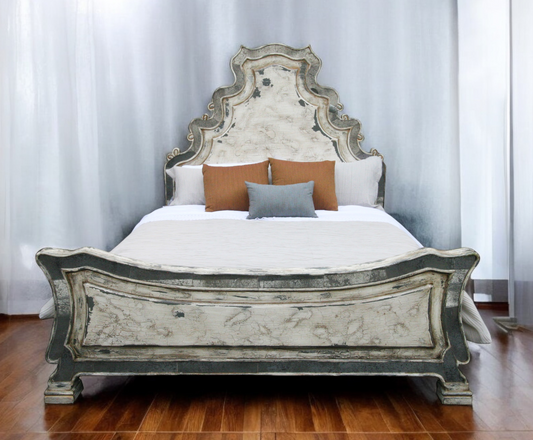 Sophie King Bed 82" Tall | Reverse-Painted Glass Border | Distressed French European Style | White & Gray Finish | Bed Only | Includes Delivery and Assembly