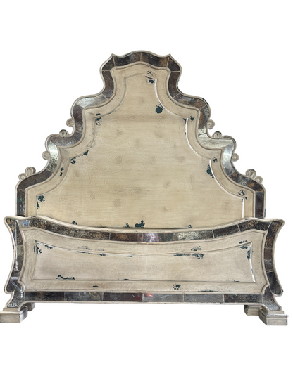 Sophie King Bed 82" Tall | Reverse-Painted Glass Border | Distressed French European Style | White & Gray Finish | Bed Only | Includes Delivery and Assembly
