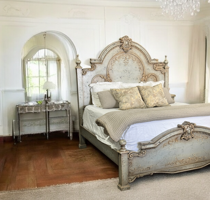 MONTELENA KING BED RUSTIC SILVER 87.5" Tall | Disressed French European Style | Carved Solid Wood Frame | Bed Only | Includes Delivery and Assembly