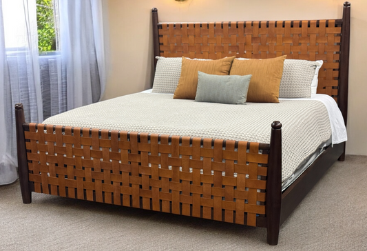 Ariel King Bed | Tan Woven Leather Headboard, Footboard, Dark Brown Wooden Frame | Bed Only | Includes Delivery and Assembly