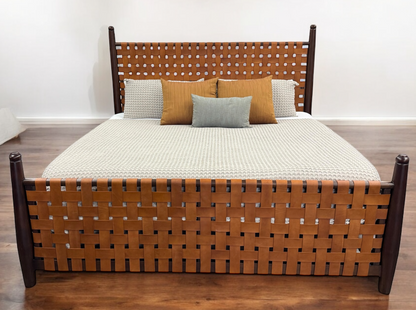Ariel King Bed | Tan Woven Leather Headboard, Footboard, Dark Brown Wooden Frame | Bed Only | Includes Delivery and Assembly