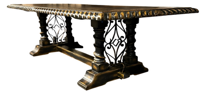 Turenne Dining Table - Rectangular, Black With Antique Gold Trim, Hand-Tooled Border