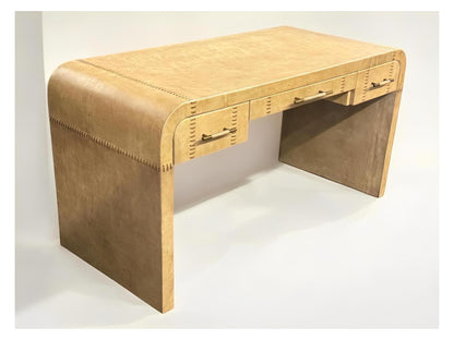 Arboix Leather Office Desk, Tan, Three Drawer Top With Gold Tone Handles, 60 Inch Wide