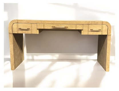 Arboix Leather Office Desk, Tan, Three Drawer Top With Gold Tone Handles, 60 Inch Wide