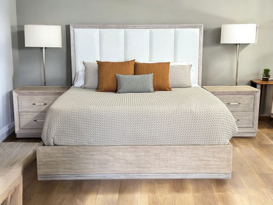 DEAN MODERN COASTAL PLATFORM KING BED 66" Tall | Headboard Features White Leather Upholstered Panels | Natural Wood Frame | Bed Only | Includes Delivery and Assembly