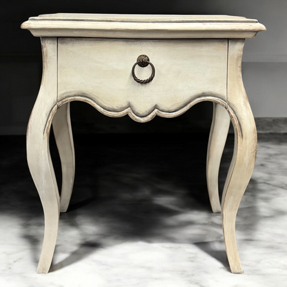 Carantec Nightstands (2-Pack), Distressed White, Curved Cabriole Legs With Ring-Pull Drawer