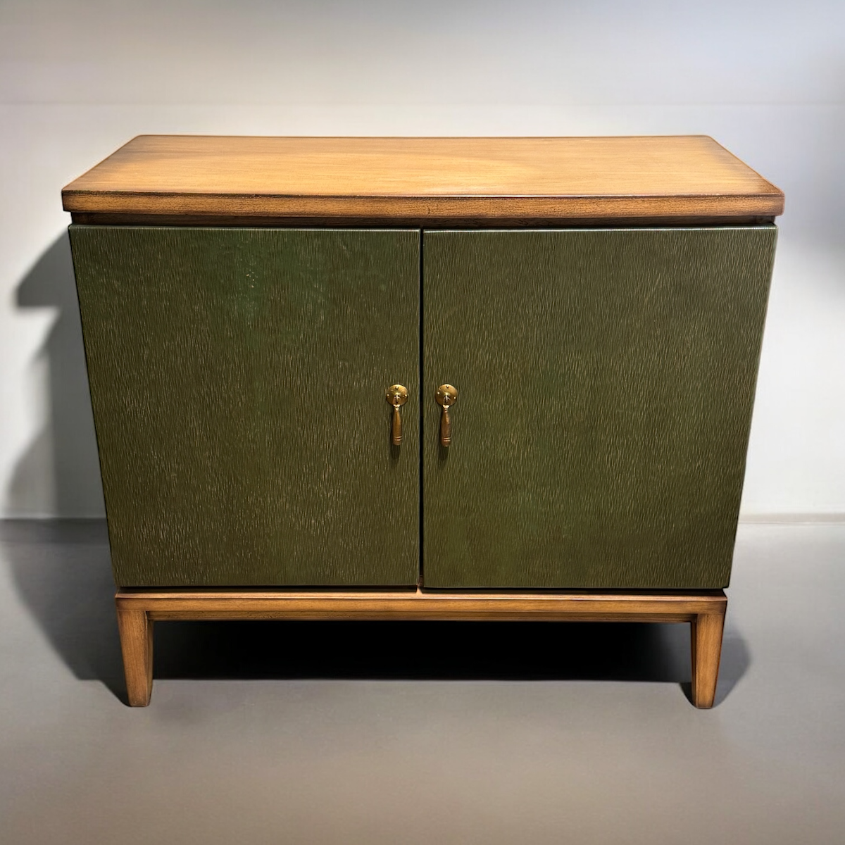 Domme Chest, Olive Green, Mid Century Modern Two Door Cabinet With Brass Knobs And Tapered Legs