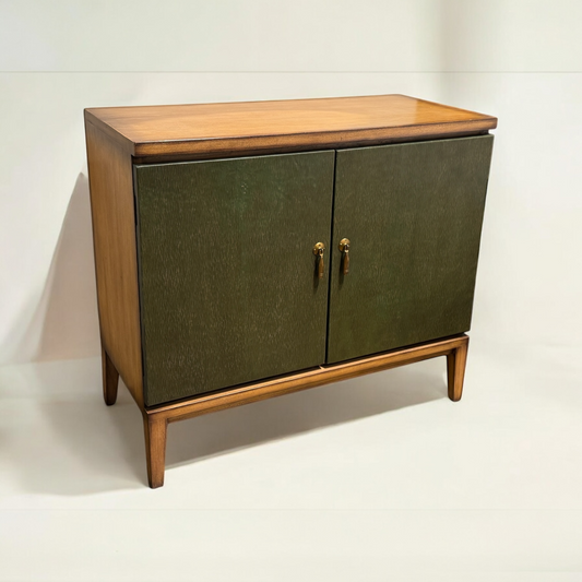 Domme Chest, Olive Green, Mid Century Modern Two Door Cabinet With Brass Knobs And Tapered Legs