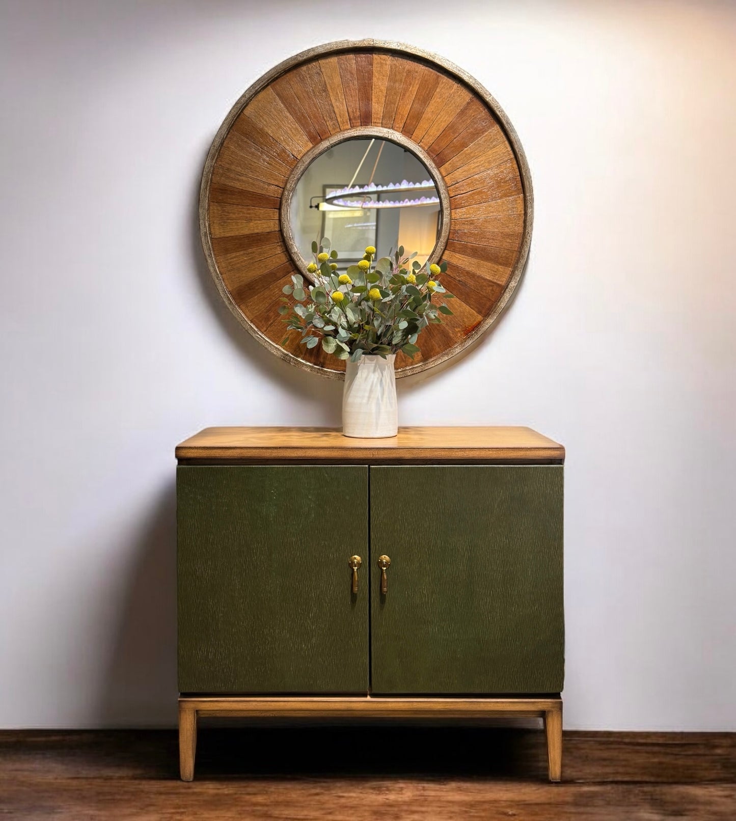 Domme Chest, Olive Green, Mid Century Modern Two Door Cabinet With Brass Knobs And Tapered Legs