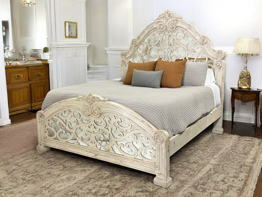 RAQUEL WAXED OFF WHITE KING BED 84.5" Tall | Luxury French European Style | Wooden Frame with Antique Mirror Details | Bed Only | Includes Delivery and Assembly