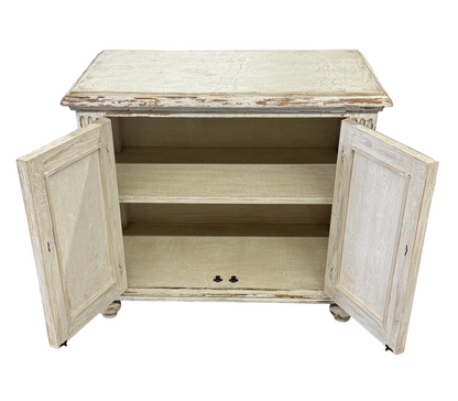 Eze Nightstand Chests (2-Pack), Distressed White, Rustic Scrollwork Glass Panels, Antique Pewter Hardware