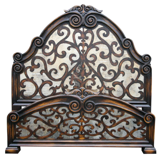 RAQUEL BROWN KING BED 84.5" Tall | Luxury French European Style | Wooden Frame with Antique Mirror Details | Bed Only | Includes Delivery and Assembly
