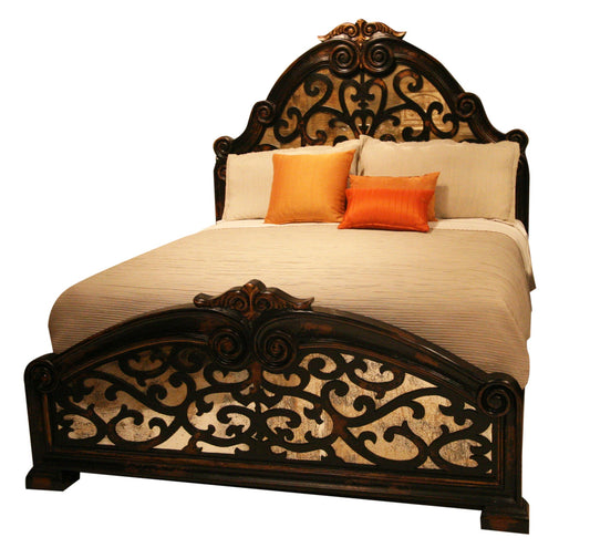 RAQUEL BROWN & GOLD KING BED 84.5" Tall | Luxury French European Style | Wooden Frame with Antique Mirror Details | Bed Only | Includes Delivery and Assembly
