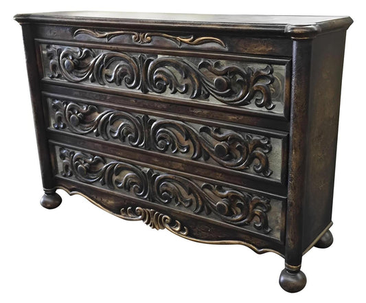 Poitiers II Dresser, Dark Espresso, Hand-Carved Ornate Scrollwork With Aged Patina And Scalloped Apron