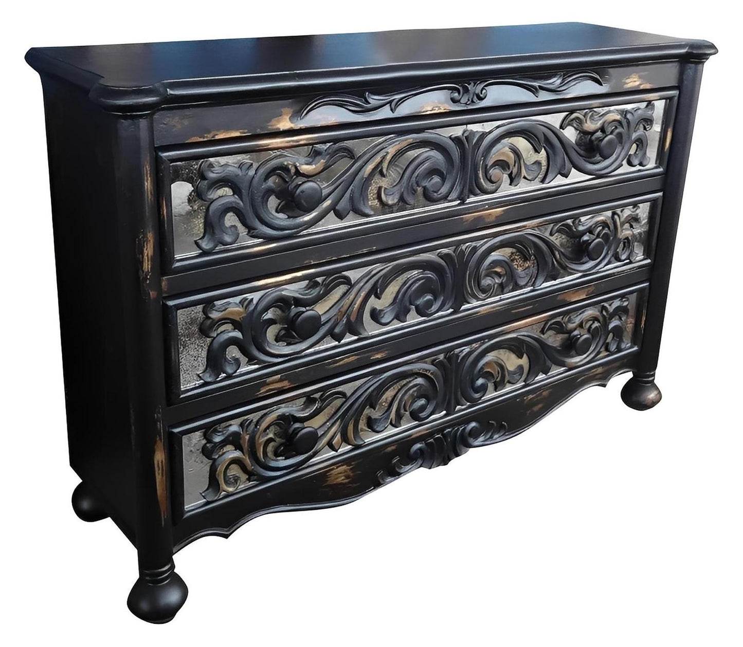 Hunspach Dresser, Black, Hand-Carved Ornate Fronts With Distressed Finish, Solid Wood Storage