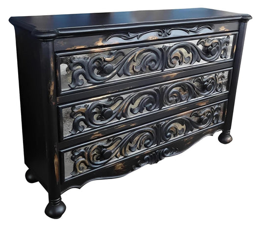 Hunspach Dresser, Black, Hand-Carved Ornate Fronts With Distressed Finish, Solid Wood Storage