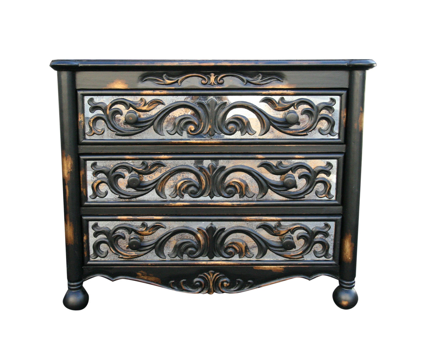 La Couvertoirade Dresser, Black, Hand-Carved Scrollwork On Drawer Fronts With Aged Silver Panels