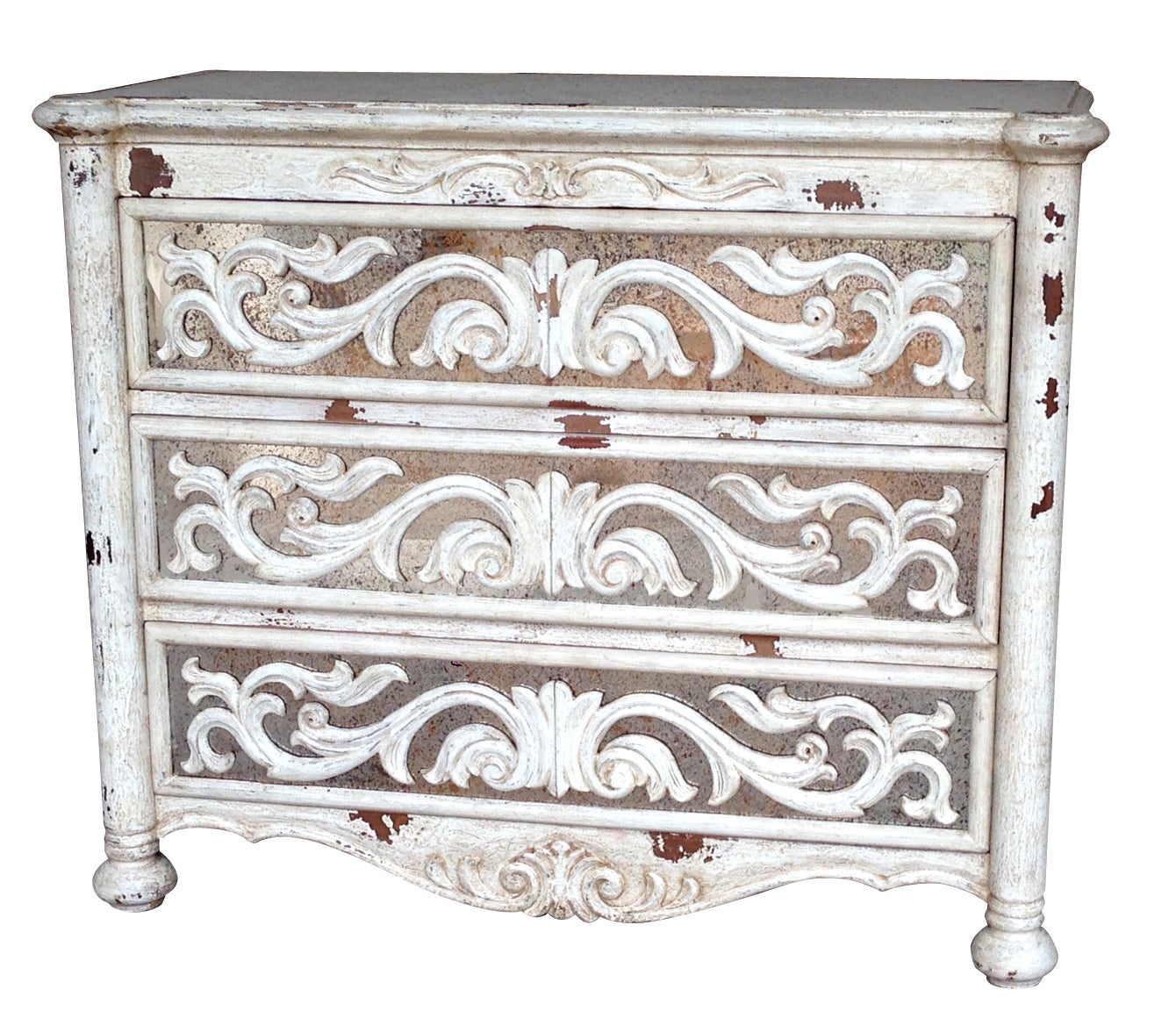 Kientzheim Dresser, Distressed White, Intricate Carved Scrollwork Fronts