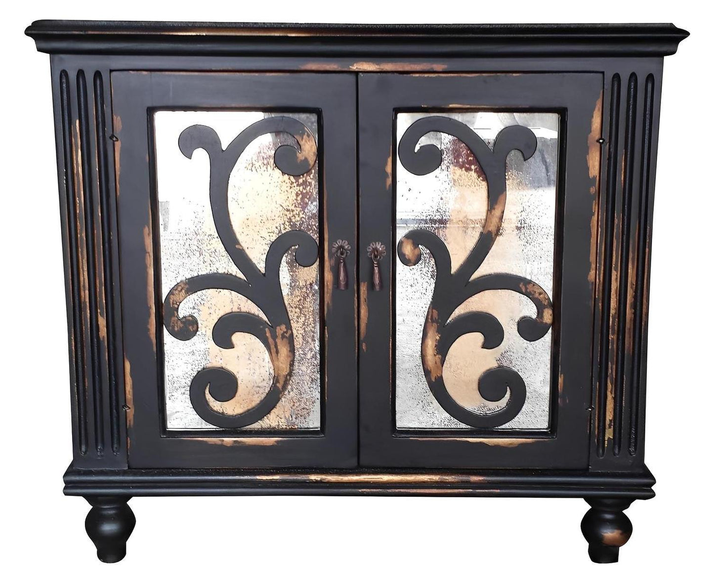 Poitiers II Nightstands (2-Pack), Matte Black, Glass Panels With Decorative Wrought Iron Scrollwork